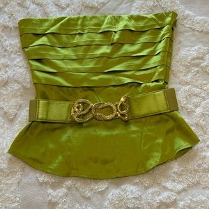 Green belted strapless silk top -S